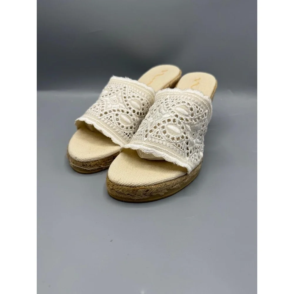 Nina‎ Espadrille Wedge Sandals 8M White Ivory Crochet Lace Open Toe Summer EUC